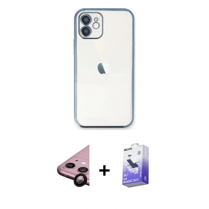 MARSİLYAN™- iPhone 11 Kılıf Vadi Minimal - Siyah Bilvis 5in1 5D Magic Hayalet Cam Ekran Koruyucu + Raze Metal Kamera Lens - SH