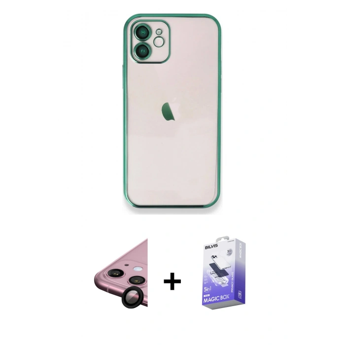 MARSİLYAN™- iPhone 11 Kılıf Vadi Minimal - Siyah Bilvis 5in1 5D Magic Hayalet Cam Ekran Koruyucu + Raze Metal Kamera Lens - SH