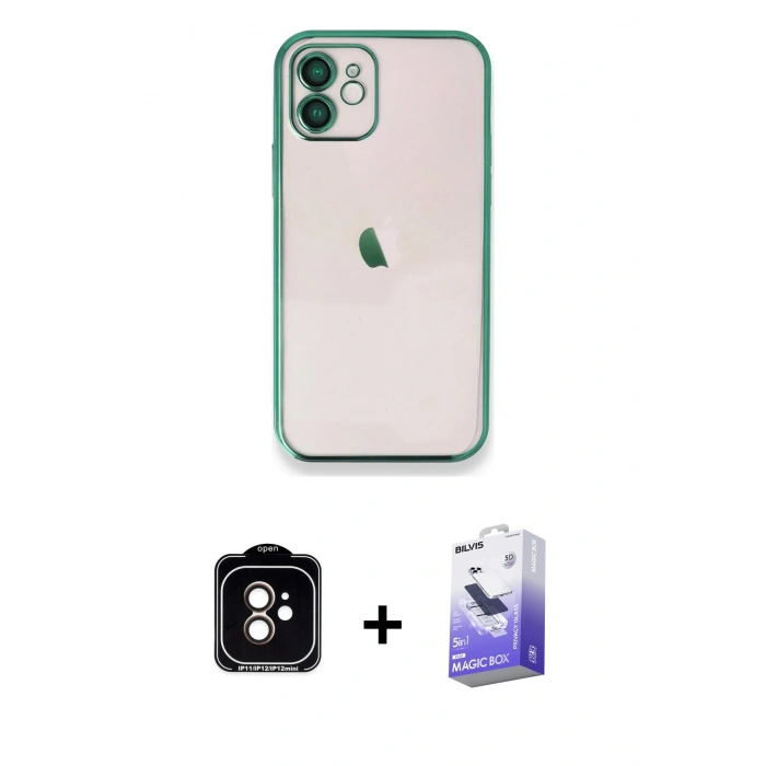 MARSİLYAN™- iPhone 11 Kılıf Vadi Minimal - Siyah Bilvis 5in1 5D Magic Hayalet Cam Ekran Koruyucu + Turuncu PVD Metal Kamera Lens