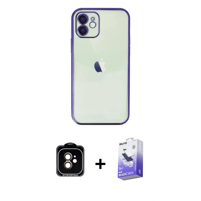 MARSİLYAN™- iPhone 11 Kılıf Vadi Minimal - Siyah Bilvis 5in1 5D Magic Hayalet Cam Ekran Koruyucu + Turuncu PVD Metal Kamera Lens