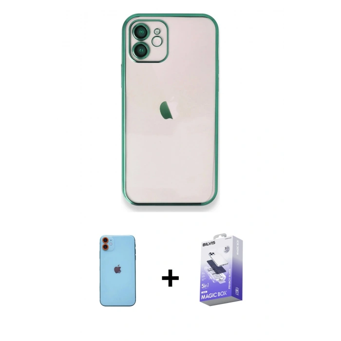 MARSİLYAN™- iPhone 11 Kılıf Vadi Minimal - Siyah Bilvis 5in1 5D Magic Hayalet Cam Ekran Koruyucu + Neon Fosforlu Kamera Lens - TU