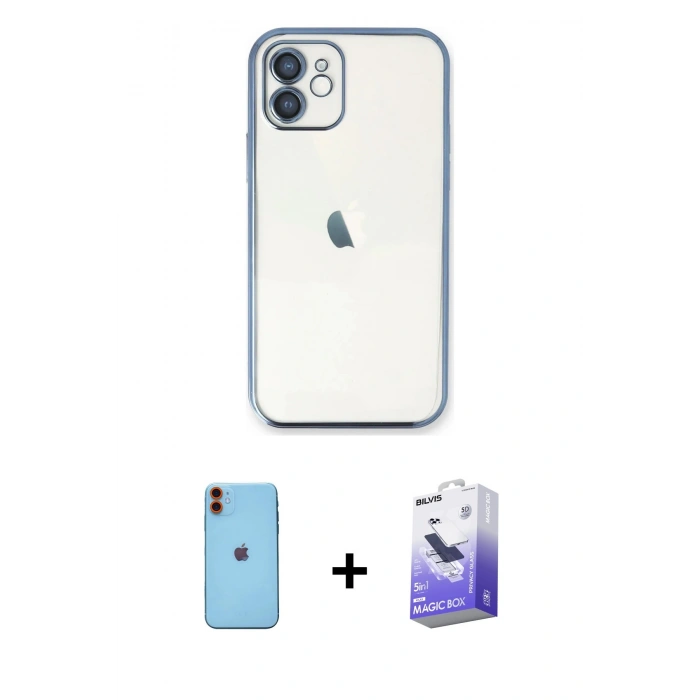 MARSİLYAN™- iPhone 11 Kılıf Vadi Minimal - Siyah Bilvis 5in1 5D Magic Hayalet Cam Ekran Koruyucu + Neon Fosforlu Kamera Lens - TU