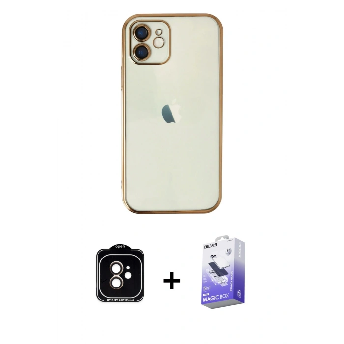 MARSİLYAN™- iPhone 11 Kılıf Vadi Minimal - Siyah Bilvis 5in1 5D Magic Hayalet Cam Ekran Koruyucu + Turuncu PVD Metal Kamera Lens