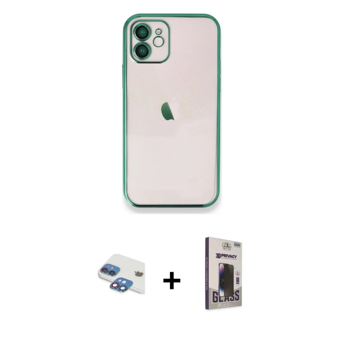 MARSİLYAN™- iPhone 11 Kılıf Vadi Minimal - Siyah Bilvis Hayalet Cam Ekran Koruyucu + Pers Alüminyum Kamera Lens - GI