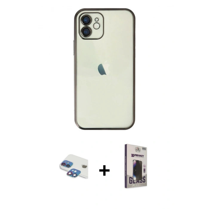 MARSİLYAN™- iPhone 11 Kılıf Vadi Minimal - Siyah Bilvis Hayalet Cam Ekran Koruyucu + Pers Alüminyum Kamera Lens - GI