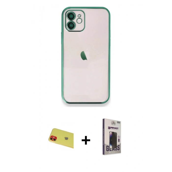 MARSİLYAN™- iPhone 11 Kılıf Vadi Minimal - Siyah Bilvis Hayalet Cam Ekran Koruyucu + Rainbow Kamera Lens Koruma Cam - KI