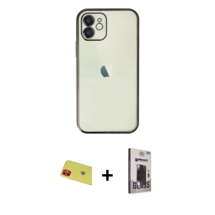 MARSİLYAN™- iPhone 11 Kılıf Vadi Minimal - Siyah Bilvis Hayalet Cam Ekran Koruyucu + Rainbow Kamera Lens Koruma Cam - KI