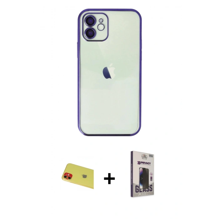 MARSİLYAN™- iPhone 11 Kılıf Vadi Minimal - Siyah Bilvis Hayalet Cam Ekran Koruyucu + Rainbow Kamera Lens Koruma Cam - KI