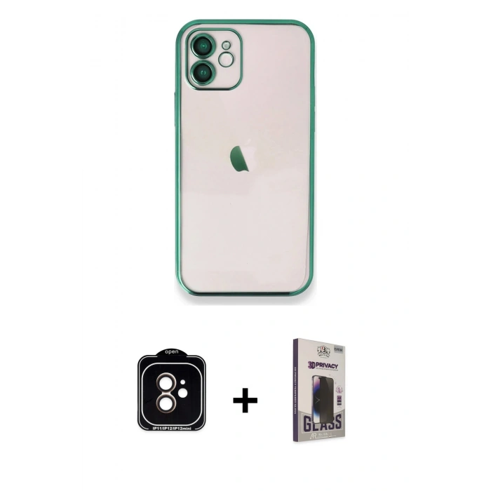 MARSİLYAN™- iPhone 11 Kılıf Vadi Minimal - Siyah Bilvis Hayalet Cam Ekran Koruyucu + PVD Metal Kamera Lens - TU