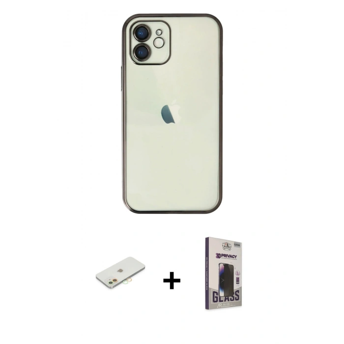 MARSİLYAN™- iPhone 11 Kılıf Vadi Minimal - Siyah Bilvis Hayalet Cam Ekran Koruyucu + Renkli Kamera Lens Koruma Cam - TU