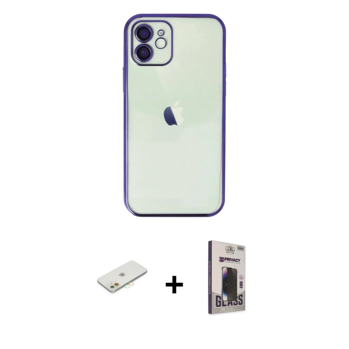 MARSİLYAN™- iPhone 11 Kılıf Vadi Minimal - Siyah Bilvis Hayalet Cam Ekran Koruyucu + Renkli Kamera Lens Koruma Cam - TU