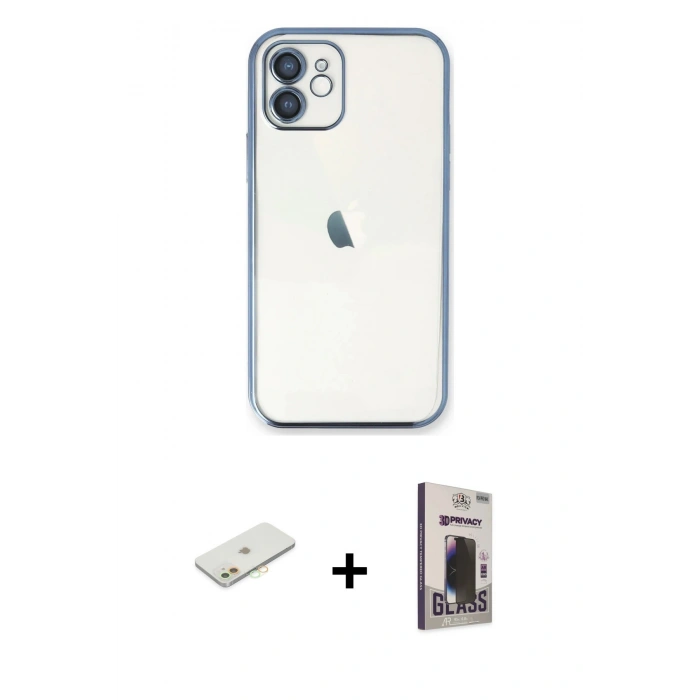 MARSİLYAN™- iPhone 11 Kılıf Vadi Minimal - Siyah Bilvis Hayalet Cam Ekran Koruyucu + Renkli Kamera Lens Koruma Cam - TU