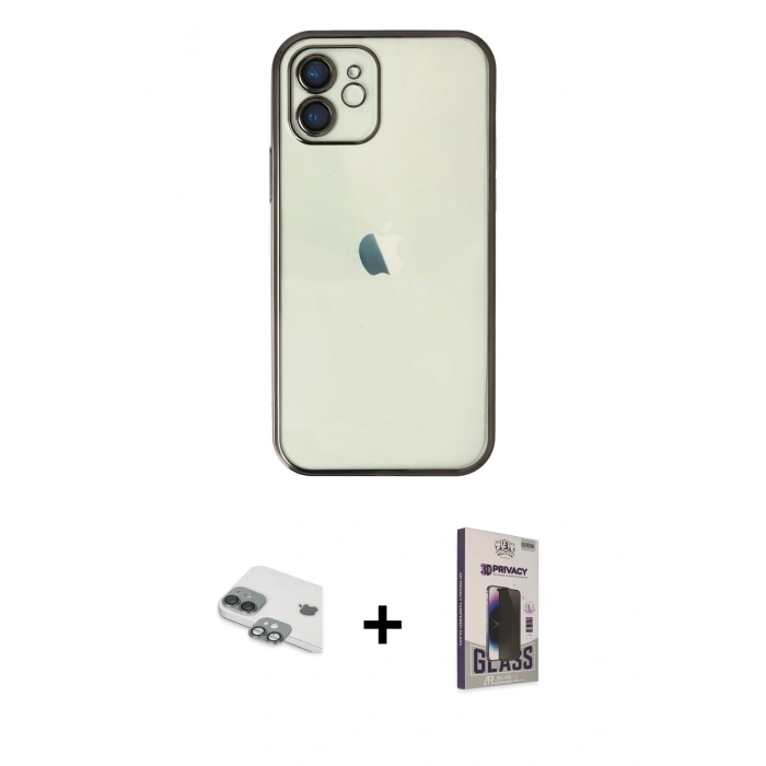 MARSİLYAN™- iPhone 11 Kılıf Vadi Minimal - Siyah Bilvis Hayalet Cam Ekran Koruyucu + Pers Alüminyum Kamera Lens - YL