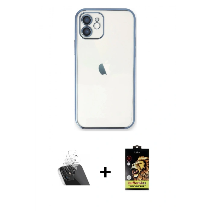 MARSİLYAN™- iPhone 11 Kılıf Vadi Minimal - Siyah Buffer Cam Ekran Koruyucu + Kamera Lens Koruma Cam - SF