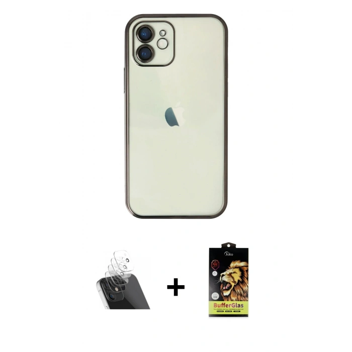 MARSİLYAN™- iPhone 11 Kılıf Vadi Minimal - Siyah Buffer Cam Ekran Koruyucu + Kamera Lens Koruma Cam - SF