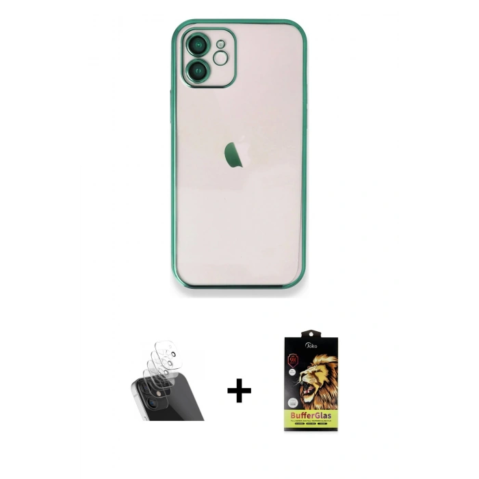 MARSİLYAN™- iPhone 11 Kılıf Vadi Minimal - Siyah Buffer Cam Ekran Koruyucu + Kamera Lens Koruma Cam - SF