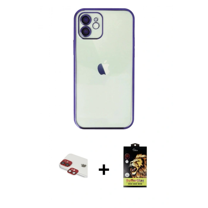 MARSİLYAN™- iPhone 11 Kılıf Vadi Minimal - Siyah Buffer Cam Ekran Koruyucu + Kırmızı Pers Alüminyum Kamera Lens