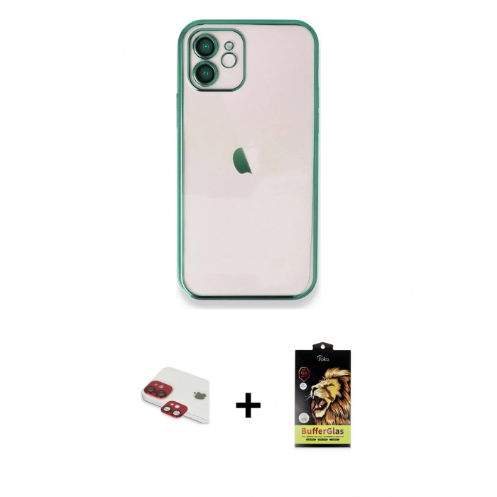 MARSİLYAN™- iPhone 11 Kılıf Vadi Minimal - Siyah Buffer Cam Ekran Koruyucu + Kırmızı Pers Alüminyum Kamera Lens