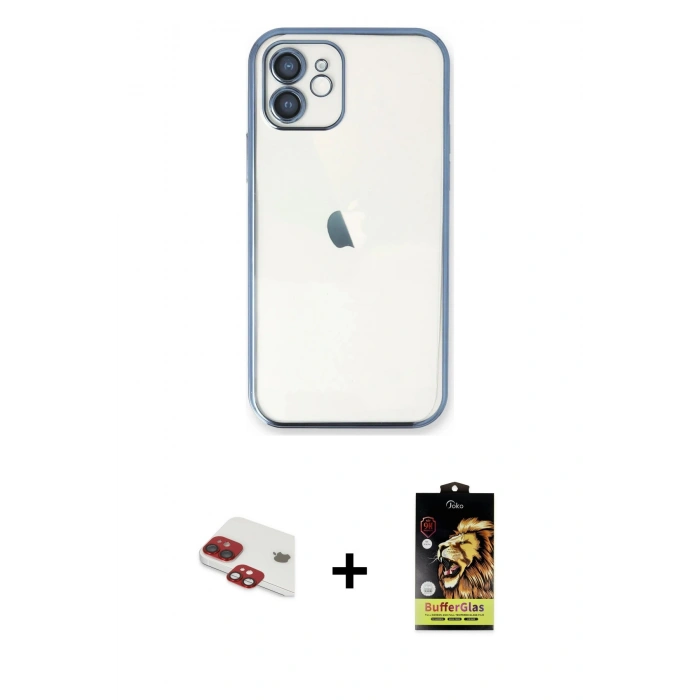 MARSİLYAN™- iPhone 11 Kılıf Vadi Minimal - Siyah Buffer Cam Ekran Koruyucu + Kırmızı Pers Alüminyum Kamera Lens