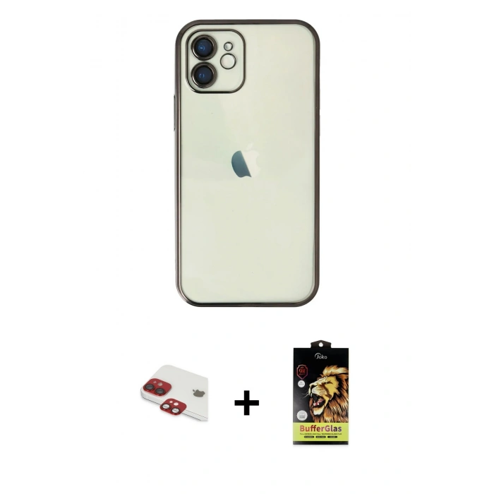 MARSİLYAN™- iPhone 11 Kılıf Vadi Minimal - Siyah Buffer Cam Ekran Koruyucu + Kırmızı Pers Alüminyum Kamera Lens