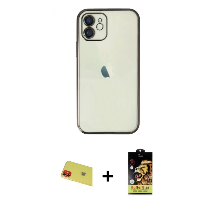 MARSİLYAN™- iPhone 11 Kılıf Vadi Minimal - Siyah Buffer Cam Ekran Koruyucu + Rainbow Kamera Lens Koruma Cam - KI