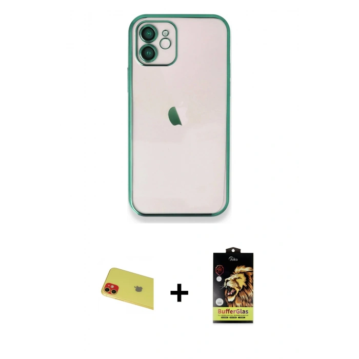 MARSİLYAN™- iPhone 11 Kılıf Vadi Minimal - Siyah Buffer Cam Ekran Koruyucu + Rainbow Kamera Lens Koruma Cam - KI