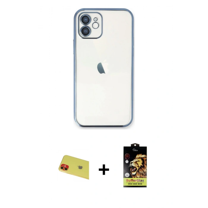 MARSİLYAN™- iPhone 11 Kılıf Vadi Minimal - Siyah Buffer Cam Ekran Koruyucu + Rainbow Kamera Lens Koruma Cam - KI