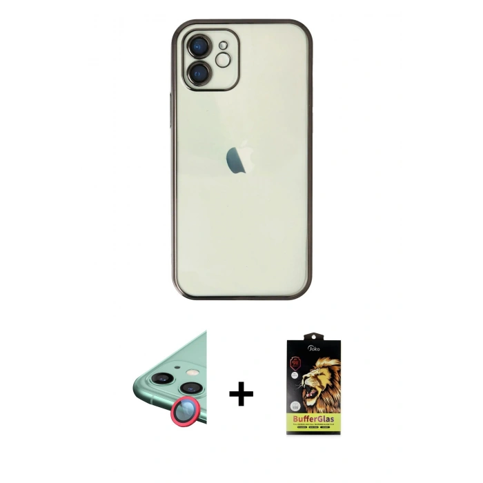MARSİLYAN™- iPhone 11 Kılıf Vadi Minimal - Siyah Buffer Cam Ekran Koruyucu + Raze Metal Kamera Lens - KI