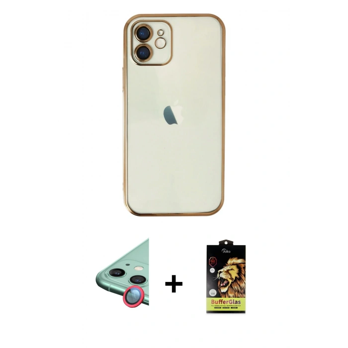 MARSİLYAN™- iPhone 11 Kılıf Vadi Minimal - Siyah Buffer Cam Ekran Koruyucu + Raze Metal Kamera Lens - KI