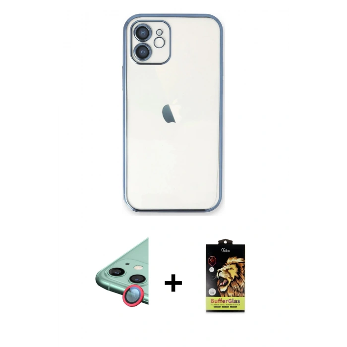 MARSİLYAN™- iPhone 11 Kılıf Vadi Minimal - Siyah Buffer Cam Ekran Koruyucu + Raze Metal Kamera Lens - KI