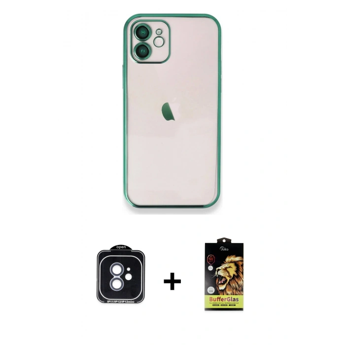MARSİLYAN™- iPhone 11 Kılıf Vadi Minimal - Siyah Buffer Cam Ekran Koruyucu + Mavi PVD Metal Kamera Lens