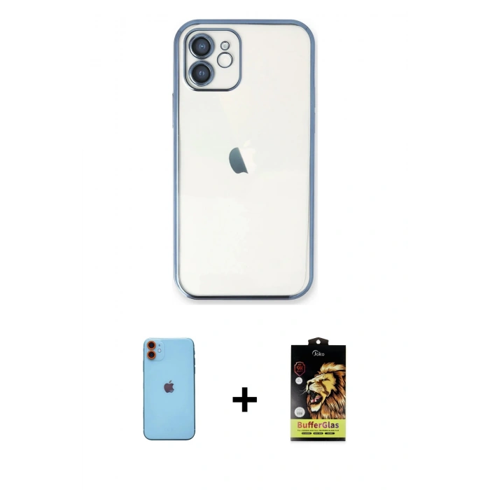 MARSİLYAN™- iPhone 11 Kılıf Vadi Minimal - Siyah Buffer Cam Ekran Koruyucu + Neon Fosforlu Kamera Lens - TU
