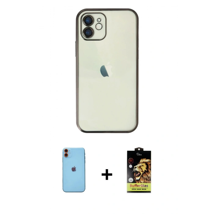 MARSİLYAN™- iPhone 11 Kılıf Vadi Minimal - Siyah Buffer Cam Ekran Koruyucu + Neon Fosforlu Kamera Lens - TU