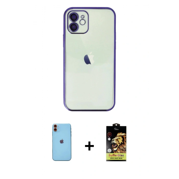 MARSİLYAN™- iPhone 11 Kılıf Vadi Minimal - Siyah Buffer Cam Ekran Koruyucu + Neon Fosforlu Kamera Lens - TU