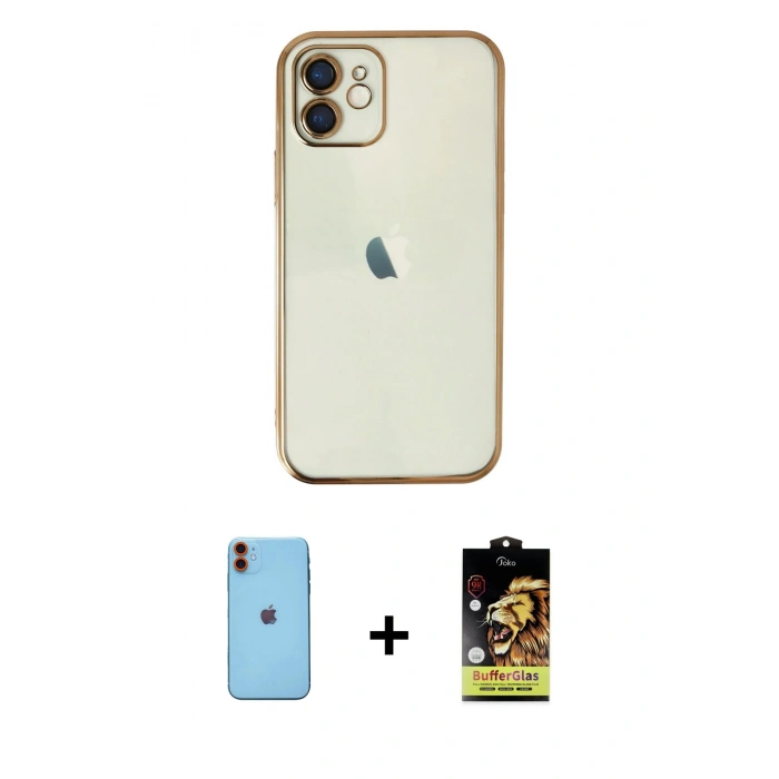 MARSİLYAN™- iPhone 11 Kılıf Vadi Minimal - Siyah Buffer Cam Ekran Koruyucu + Neon Fosforlu Kamera Lens - TU