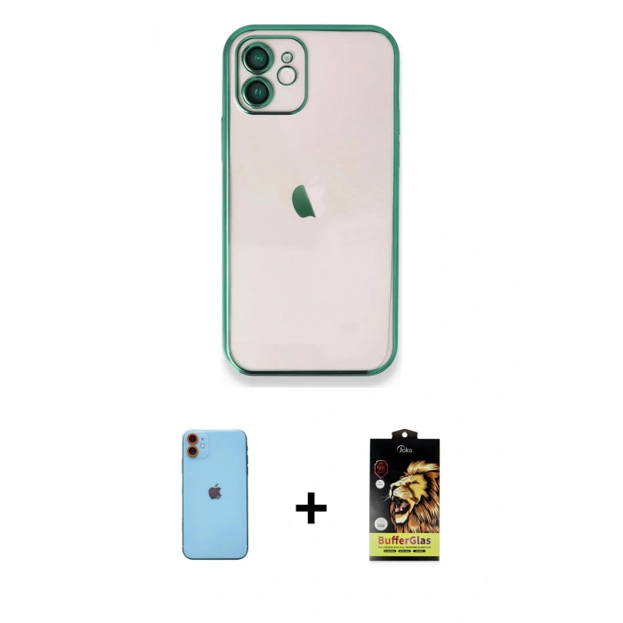 MARSİLYAN™- iPhone 11 Kılıf Vadi Minimal - Siyah Buffer Cam Ekran Koruyucu + Neon Fosforlu Kamera Lens - TU