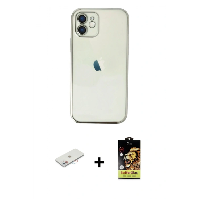 MARSİLYAN™- iPhone 11 Kılıf Vadi Minimal - Siyah Buffer Cam Ekran Koruyucu + Pembe Renkli Kamera Lens Koruma Cam