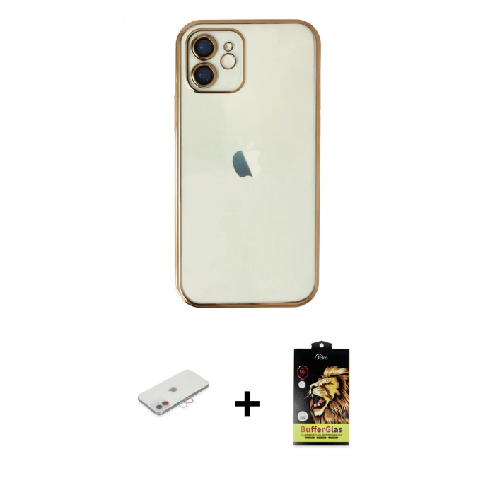 MARSİLYAN™- iPhone 11 Kılıf Vadi Minimal - Siyah Buffer Cam Ekran Koruyucu + Pembe Renkli Kamera Lens Koruma Cam
