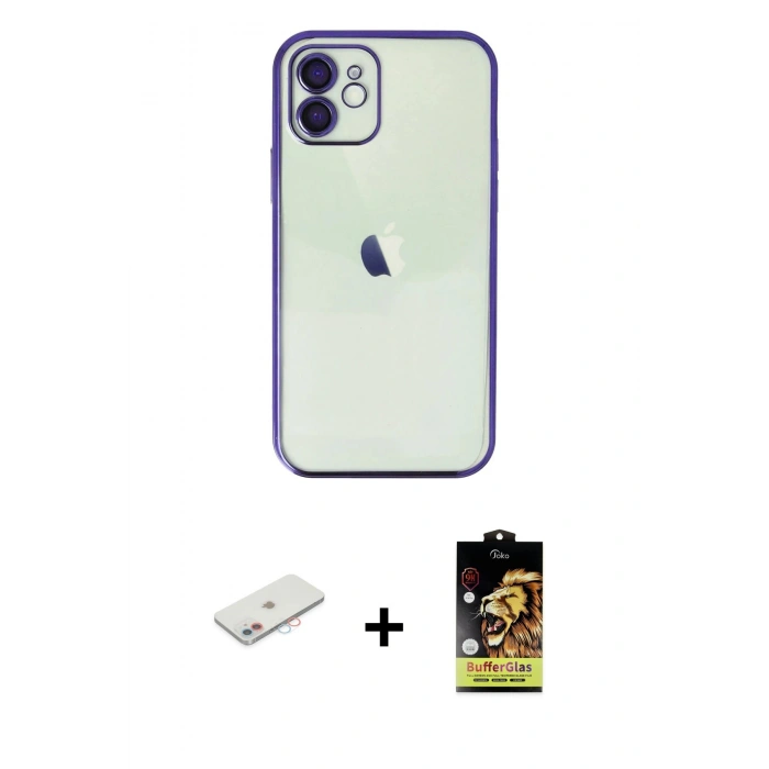 MARSİLYAN™- iPhone 11 Kılıf Vadi Minimal - Siyah Buffer Cam Ekran Koruyucu + Pembe Renkli Kamera Lens Koruma Cam