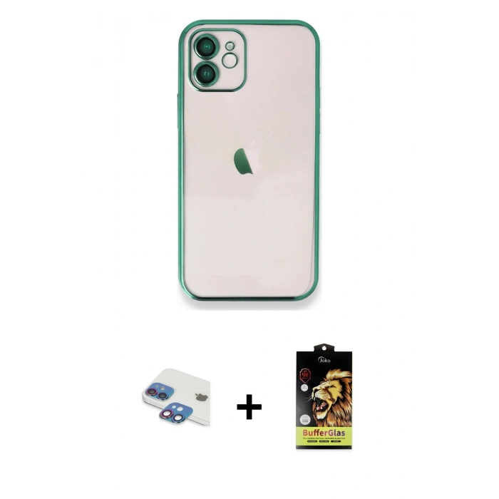 MARSİLYAN™- iPhone 11 Kılıf Vadi Minimal - Siyah Buffer Cam Ekran Koruyucu + Pers Alüminyum Kamera Lens - GI