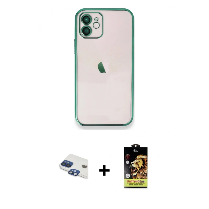 MARSİLYAN™- iPhone 11 Kılıf Vadi Minimal - Siyah Buffer Cam Ekran Koruyucu + Pers Alüminyum Kamera Lens - LT