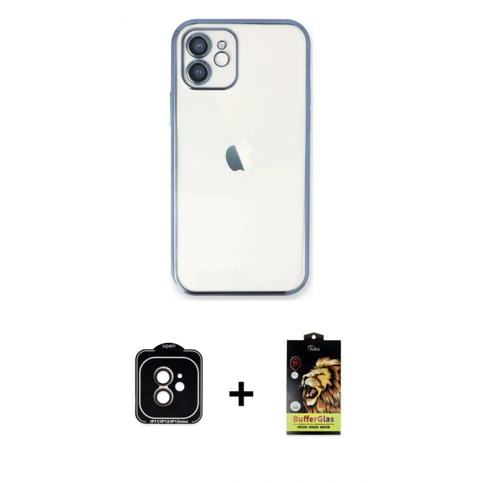 MARSİLYAN™- iPhone 11 Kılıf Vadi Minimal - Siyah Buffer Cam Ekran Koruyucu + PVD Metal Kamera Lens - TU