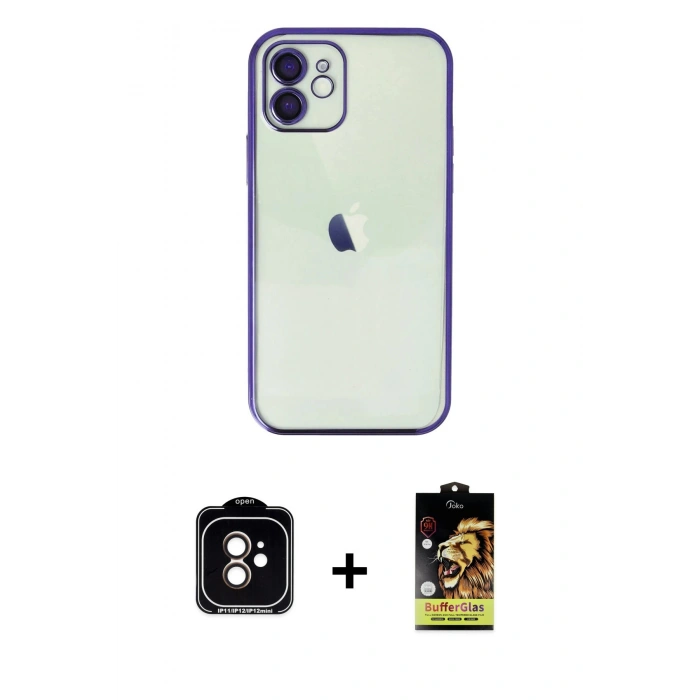 MARSİLYAN™- iPhone 11 Kılıf Vadi Minimal - Siyah Buffer Cam Ekran Koruyucu + PVD Metal Kamera Lens - TU