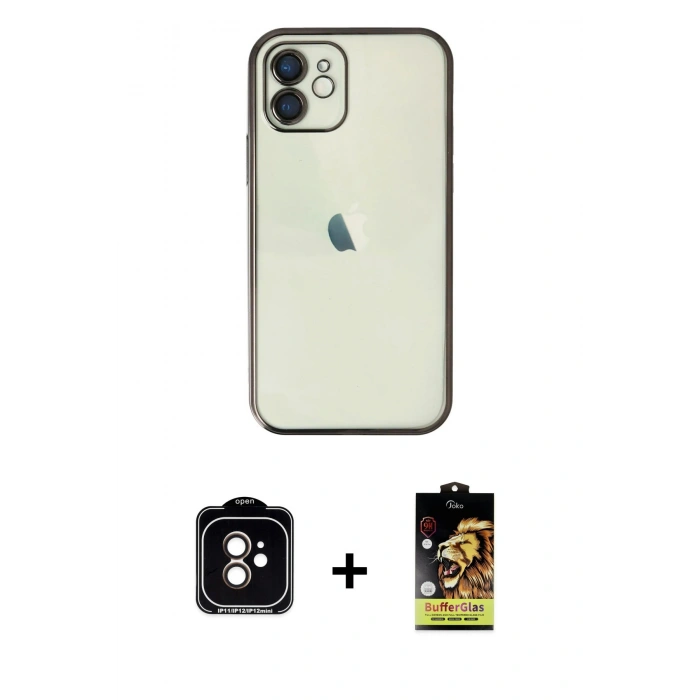MARSİLYAN™- iPhone 11 Kılıf Vadi Minimal - Siyah Buffer Cam Ekran Koruyucu + PVD Metal Kamera Lens - TU