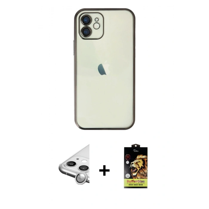 MARSİLYAN™- iPhone 11 Kılıf Vadi Minimal - Siyah Buffer Cam Ekran Koruyucu + Raze Metal Kamera Lens - GS
