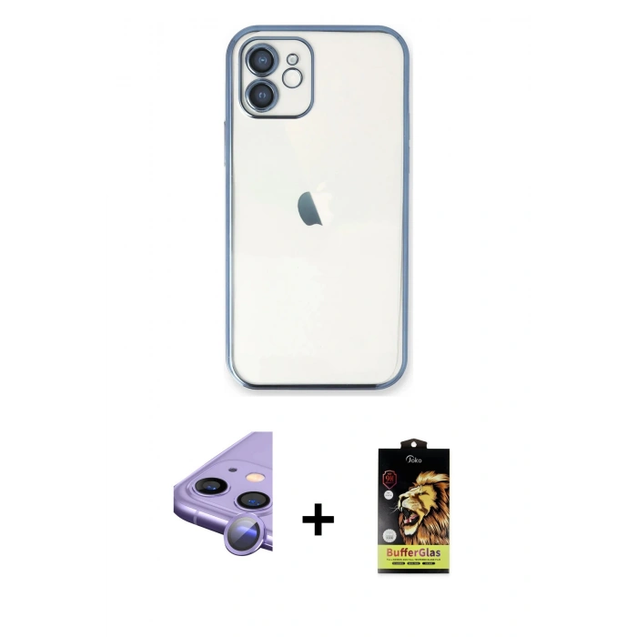 MARSİLYAN™- iPhone 11 Kılıf Vadi Minimal - Siyah Buffer Cam Ekran Koruyucu + Raze Metal Kamera Lens - MR