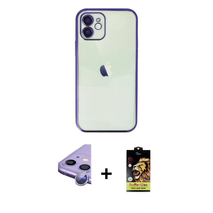MARSİLYAN™- iPhone 11 Kılıf Vadi Minimal - Siyah Buffer Cam Ekran Koruyucu + Raze Metal Kamera Lens - MR