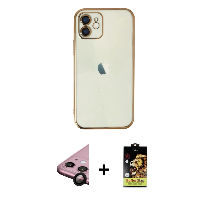MARSİLYAN™- iPhone 11 Kılıf Vadi Minimal - Siyah Buffer Cam Ekran Koruyucu + Raze Metal Kamera Lens - SH