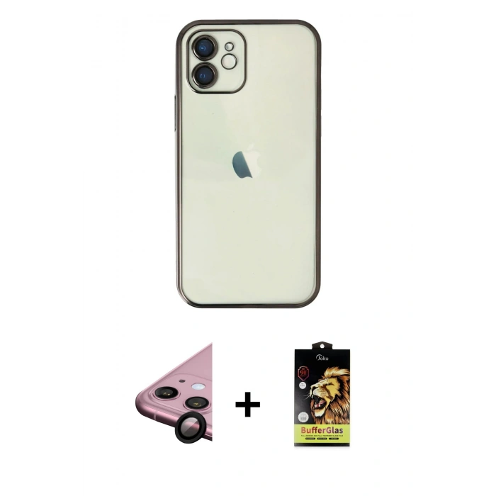 MARSİLYAN™- iPhone 11 Kılıf Vadi Minimal - Siyah Buffer Cam Ekran Koruyucu + Raze Metal Kamera Lens - SH