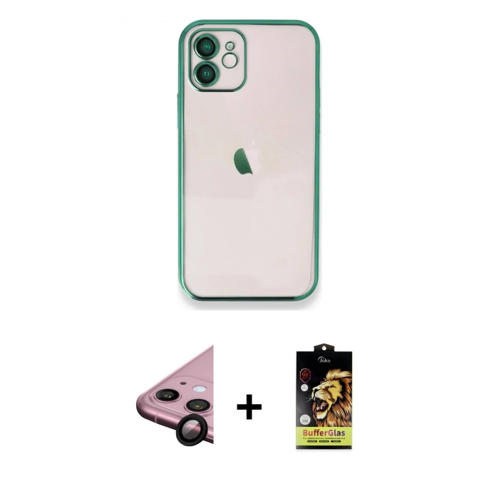 MARSİLYAN™- iPhone 11 Kılıf Vadi Minimal - Siyah Buffer Cam Ekran Koruyucu + Raze Metal Kamera Lens - SH